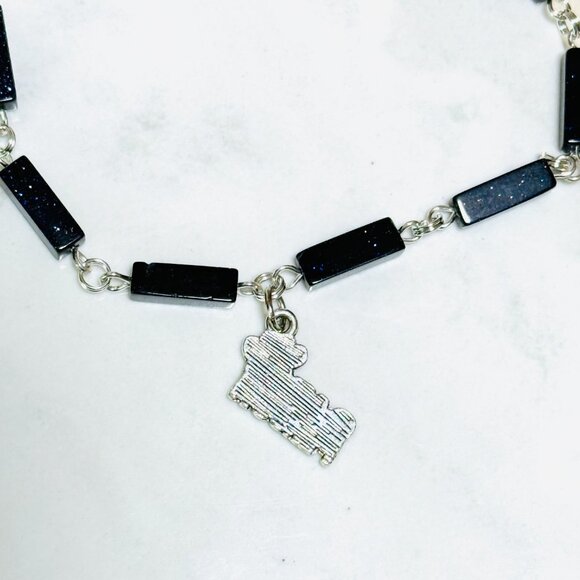 Dark Blue Goldstone Short Necklace w/ Silver Cat Person Paw Print Charm - Picture 6 of 14